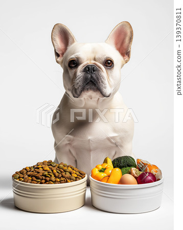 French bulldog sits in a studio in front of two bowls of food. Colorful vegetables and kibble fill the bowls in front of the dog. French bulldog sits in a studio in front of two bowls of food. Colorful vegetables and kibble fill the bowls in front of the dog. 139370811