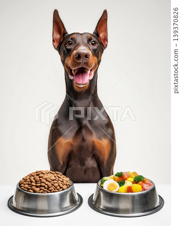 Doberman pinscher sits between two bowls of food on a white background. The dog is happy with its tongue out beside the kibble and veggie bowls. 139370826