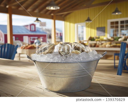 Oysters on ice in a metal bucket at a seafood market stall. Bright daylight highlights the fresh oysters and rustic market setting. Oysters on ice in a metal bucket at a seafood market stall. Bright daylight highlights the fresh oysters and rustic market setting. 139370829