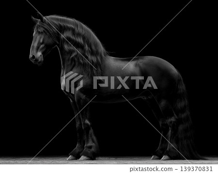 Horse stands in profile against a black background. Studio lighting highlights the horse's mane and muscular build. Horse stands in profile against a black background. Studio lighting highlights the horse's mane and muscular build. 139370831