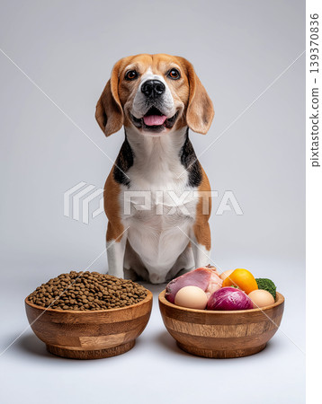 Beagle between bowls of kibble and mixed foods in a studio. Bright lighting highlights the dog and bowls. Beagle between bowls of kibble and mixed foods in a studio. Bright lighting highlights the dog and bowls. 139370836
