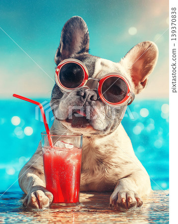 French Bulldog wearing red goggles happily drinks red juice by the pool. A playful poolside moment under bright sunlight. 139370838