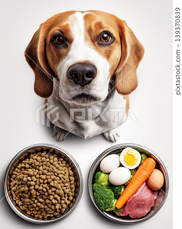 Beagle looks up on a white background. Two bowls of kibble and fresh ingredients sit in front of the beagle. Beagle looks up on a white background. Two bowls of kibble and fresh ingredients sit in front of the beagle. 139370839
