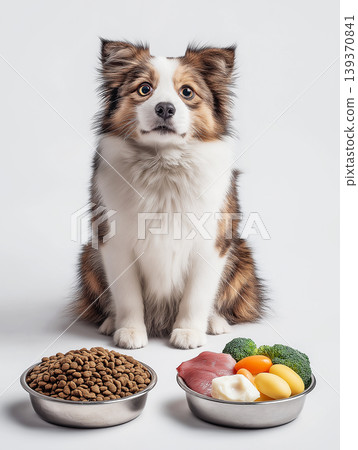 Dog sits between bowls of kibble on a white studio background. Fresh ingredients and kibble present a nutritious canine meal. 139370841