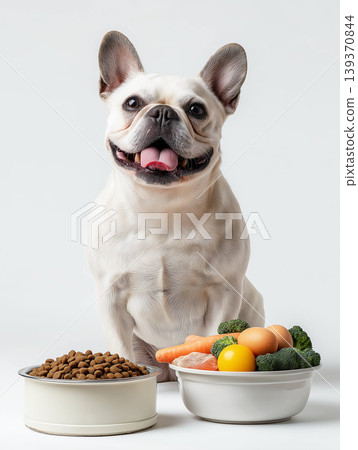 French bulldog sits beside two food bowls in studio. Kibble and fresh vegetables illustrate a complete dog meal. French bulldog sits beside two food bowls in studio. Kibble and fresh vegetables illustrate a complete dog meal. 139370844