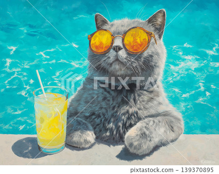 Cat wearing orange sunglasses sits poolside with a yellow drink. Bright turquoise water sets a sunny playful mood. Cat wearing orange sunglasses sits poolside with a yellow drink. Bright turquoise water sets a sunny playful mood. 139370895