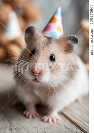 Hamster wearing a colorful party hat on a wooden floor. Colorful party decorations create a festive mood. 139370905