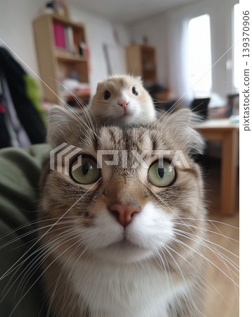 Cat and guinea pig sit on a cat's head in the living room. Playful moment in the living room. 139370906