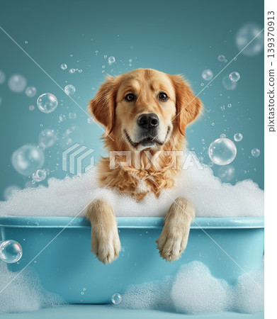 Golden retriever enjoys a bubbly bath in a blue tub. Bubbles surround a cheerful dog as it sits in sudsy water. Golden retriever enjoys a bubbly bath in a blue tub. Bubbles surround a cheerful dog as it sits in sudsy water. 139370913