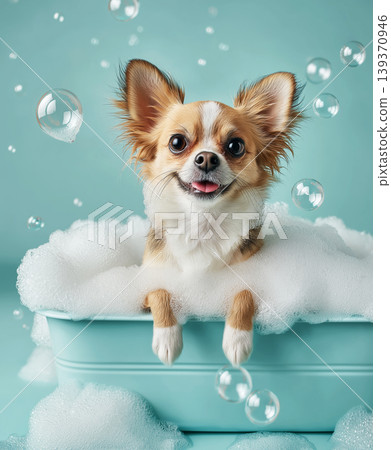 Chihuahua dog in a bath in a blue bathtub. Bubbles drift around the bath as the pup smiles. Chihuahua dog in a bath in a blue bathtub. Bubbles drift around the bath as the pup smiles. 139370946