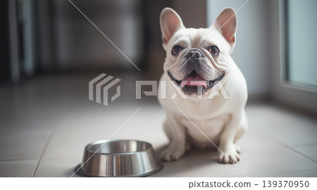 French bulldog sits by a metal bowl in the kitchen. The dog looks cheerful with its tongue out. 139370950