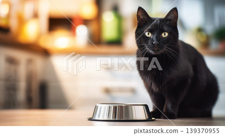 Black cat sits beside a metal bowl on a kitchen counter. Warm kitchen light highlights the cat and the metal bowl. Black cat sits beside a metal bowl on a kitchen counter. Warm kitchen light highlights the cat and the metal bowl. 139370955