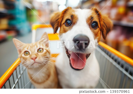 Dog and cat ride together in a shopping cart in a supermarket. Bright lights highlight the playful duo. Dog and cat ride together in a shopping cart in a supermarket. Bright lights highlight the playful duo. 139370961