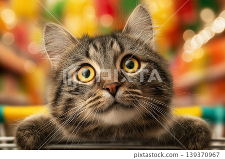 Kitten in a shopping cart in a grocery store. bring your pet at the supermarket with you. Kitten in a shopping cart in a grocery store. bring your pet at the supermarket with you. 139370967