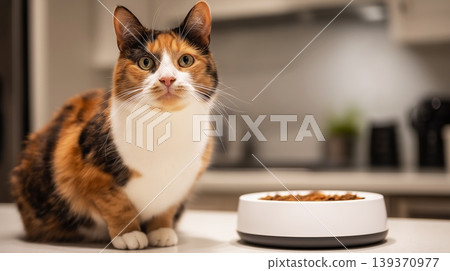 Calico cat sits on the kitchen counter watching the food bowl. Warm kitchen light highlights the cat and the white bowl of kibble. 139370977