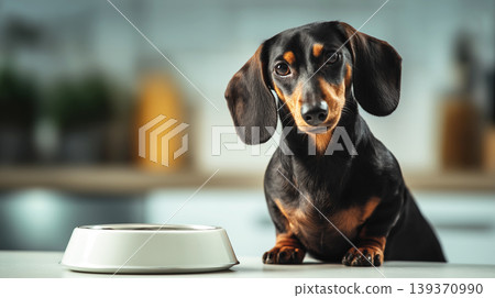 Dachshund sits near a white bowl in a kitchen. Soft kitchen lighting highlights a curious dog. Dachshund sits near a white bowl in a kitchen. Soft kitchen lighting highlights a curious dog. 139370990