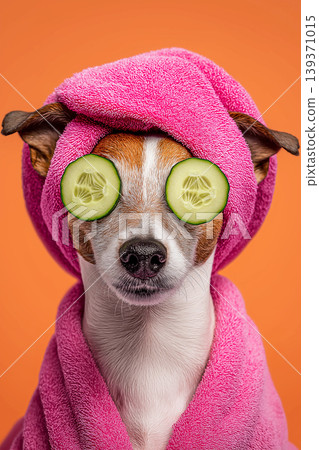Dog with pink towel on head sits against orange background. Cucumber slices cover eyes for spa vibe. Dog with pink towel on head sits against orange background. Cucumber slices cover eyes for spa vibe. 139371015