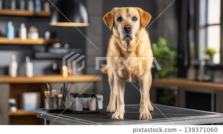 Golden retriever stands on a grooming table at a pet grooming salon. Bright studio lighting highlights calm expression. Golden retriever stands on a grooming table at a pet grooming salon. Bright studio lighting highlights calm expression. 139371060