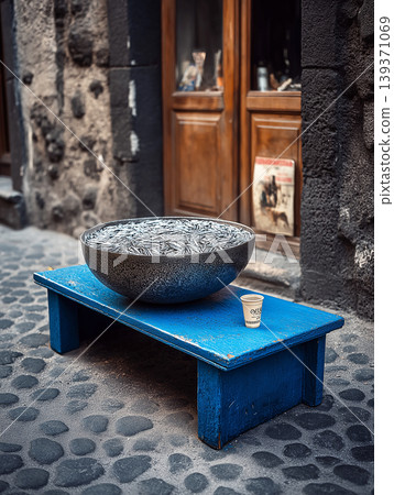A large ceramic bowl filled with fish skeletons sits on a bright blue bench on a stone street. A paper coffee cup rests beside the bowl on the bench. 139371069