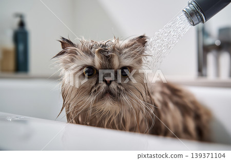 Persian cat is being bathed in a bathtub. Water sprays from the shower onto the cat. Persian cat is being bathed in a bathtub. Water sprays from the shower onto the cat. 139371104