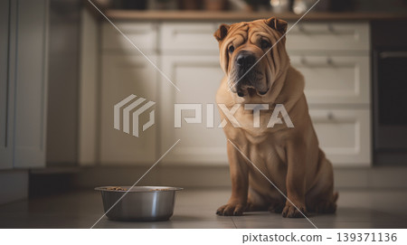 Shar-Pei dog sits in the kitchen near a metal bowl. Warm light bathes the kitchen. 139371136