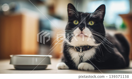 Black and white cat rests by a pet bowl in the living room. A patterned collar sits around its neck. Black and white cat rests by a pet bowl in the living room. A patterned collar sits around its neck. 139371138