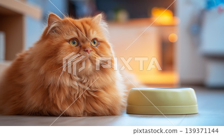 Fluffy orange Persian cat sits beside a yellow bowl in the living room. Warm ambient light bathes the scene. Fluffy orange Persian cat sits beside a yellow bowl in the living room. Warm ambient light bathes the scene. 139371144