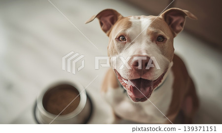 Smiling pit bull in the living room sits near a metal bowl. A food bowl is visible in the foreground. Smiling pit bull in the living room sits near a metal bowl. A food bowl is visible in the foreground. 139371151