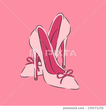 Pink High Heel Shoes Vector Illustration. Pair of Elegant Stiletto Pumps With Bows on Pink Background. Fashion Women Footwear Design. Glamour Heeled Shoes Icon. Stylish Feminine Shoe Clipart 139371256