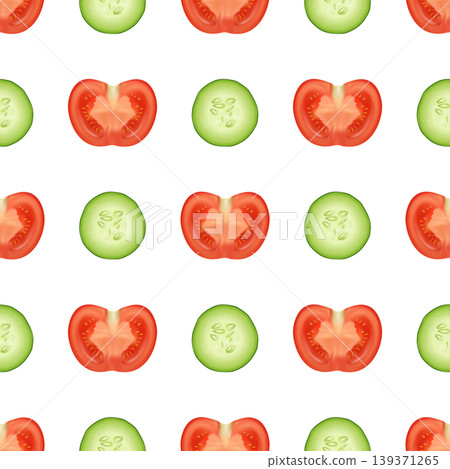 Vector 3d Tomato and Cucumber Seamless Pattern. Fresh Vegetable Slice Repeat Print on White Background. Tomato Halves and Cucumber Slices Food Pattern Design Vector 3d Tomato and Cucumber Seamless Pattern. Fresh Vegetable Slice Repeat Print on White Background. Tomato Halves and Cucumber Slices Food Pattern Design 139371265