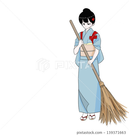 一位身穿和服、肩上繫著腰帶的女子，正用竹掃帚以日式風格清掃地面。 139371663