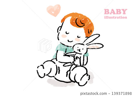 A hand-drawn, analog-style illustration of a baby holding a rabbit plush toy tightly. A hand-drawn, analog-style illustration of a baby holding a rabbit plush toy tightly. 139371898