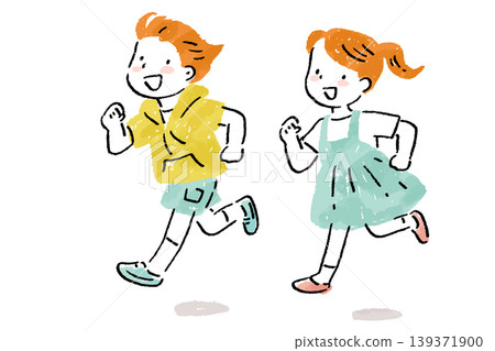 A hand-drawn, analog-style illustration of a smiling elementary school boy and girl running. 139371900