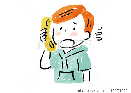 A hand-drawn illustration of a sweaty elementary school boy making a phone call with a troubled expression. A hand-drawn illustration of a sweaty elementary school boy making a phone call with a troubled expression. 139371901