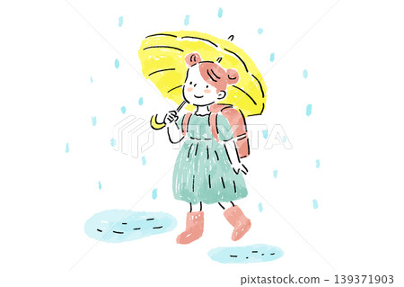 A hand-drawn illustration of a schoolgirl in a backpack walking in the rain with an umbrella. 139371903