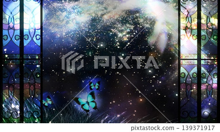 Game background: A starry sky and butterflies seen through a fantastical stained-glass window. Game background: A starry sky and butterflies seen through a fantastical stained-glass window. 139371917