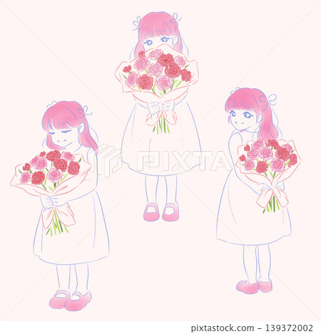 A set of illustrations of a girl holding a bouquet of carnations. A set of illustrations of a girl holding a bouquet of carnations. 139372002