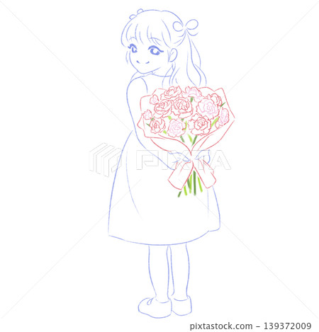 一幅描繪女孩背著一束康乃馨慶祝母親節的插畫。線條畫，簡潔的手繪風格。 139372009