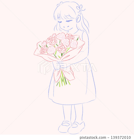 An illustration of a smiling girl holding a bouquet of carnations for Mother's Day. (Line art, simple hand-drawn style) An illustration of a smiling girl holding a bouquet of carnations for Mother's Day. (Line art, simple hand-drawn style) 139372010