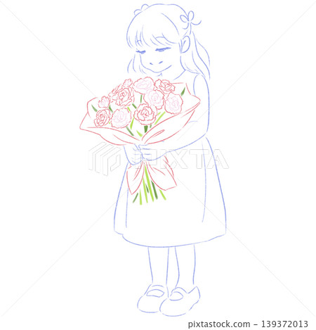 母親節插畫,描繪了一個笑容燦爛的女孩手捧一束康乃馨。 (線條畫,簡約手繪風格) 母親節插畫,描繪了一個笑容燦爛的女孩手捧一束康乃馨。 (線條畫,簡約手繪風格) 139372013