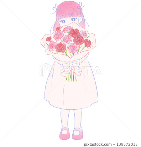 An illustration of a pink-haired girl holding a bouquet of carnations for Mother's Day (hand-drawn style) An illustration of a pink-haired girl holding a bouquet of carnations for Mother's Day (hand-drawn style) 139372015