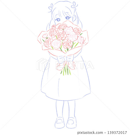 一幅描繪女孩手持康乃馨的母親節插畫。線條畫，簡潔的手繪風格。 139372017