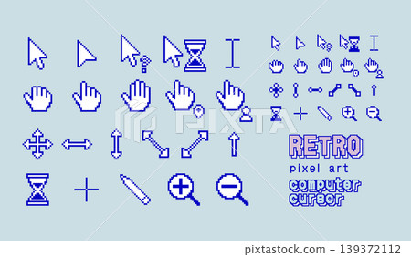 90s retro PC style mouse pointer. Pixel art cursor set. Blue pixel art UI elements. 139372112
