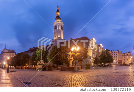 Market square in Swidnica Poland at blue hour with town hall tower and illuminated street 139372119