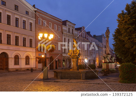 Market square in Swidnica Poland at dawn with historic buildings and empty street 139372125