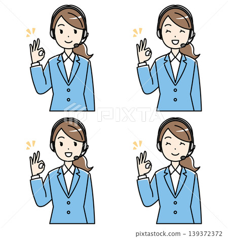 An illustration of a young woman in a suit and headset making an OK sign with a smile. An illustration of a young woman in a suit and headset making an OK sign with a smile. 139372372