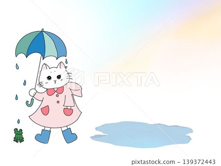 一隻撐著傘的貓,以及一幅水彩風格的雨季景色。 一隻撐著傘的貓,以及一幅水彩風格的雨季景色。 139372443