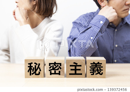 一對夫婦正在爭論一塊寫著「保密」的牌子。 一對夫婦正在爭論一塊寫著「保密」的牌子。 139372456
