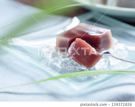Mizu-yokan (water jelly) served in a cool glass bowl - a refreshing Japanese summer sweet. Mizu-yokan (water jelly) served in a cool glass bowl - a refreshing Japanese summer sweet. 139372826