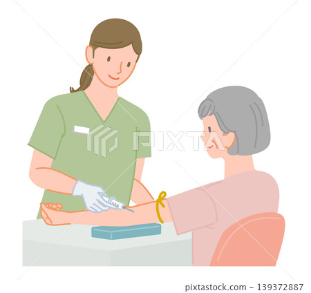 診所裡，一位老年婦女正在接受護士的抽血檢查。 139372887